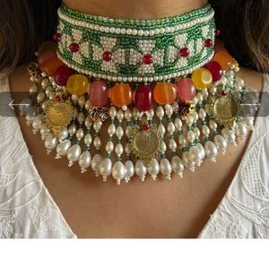 CHOKER embroidered with pearls with drop pearls,colorful stones & old coins